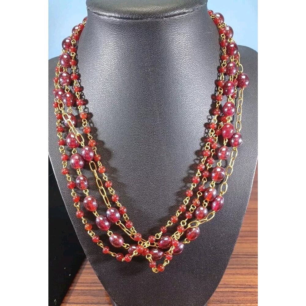 Red Glass Bead Necklace Goldentone 4 Strand Beautiful Costume India Glamorous